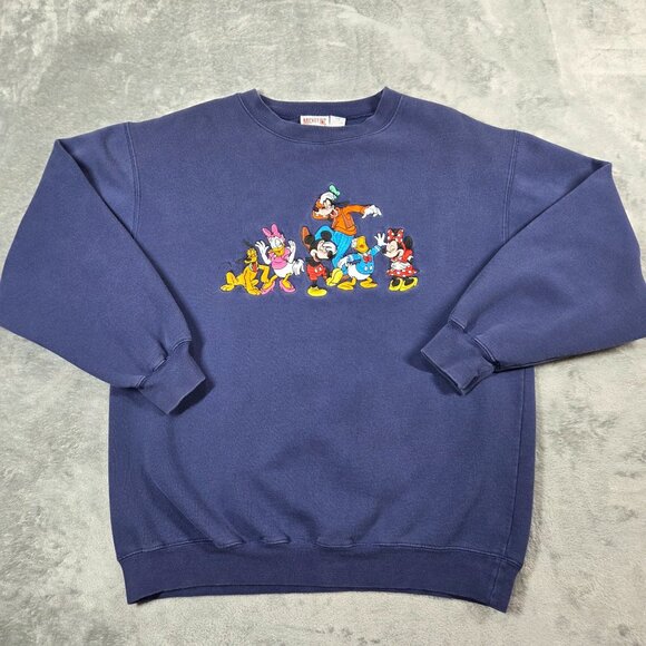 Vtg Disney Sweatshirt Mens M Blue Embroidered Goofy Mickey Minnie Pluto 90s - Picture 1 of 8